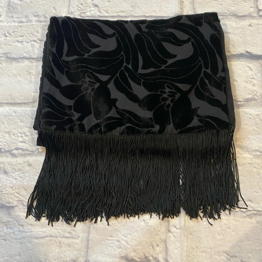 Unbranded Elegant Black Burnished Velvet Floral Scarf with Fringe Rayon & Silk